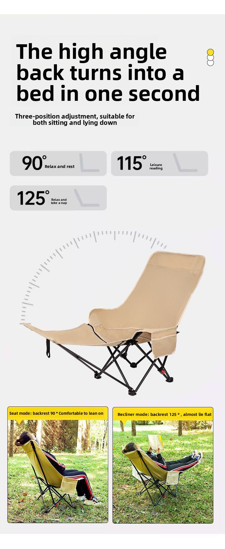 Three-position Adjustable Moon Chair Outdoor Folding Chair Portable Picnic Camping Fishing Chair Office Recliner