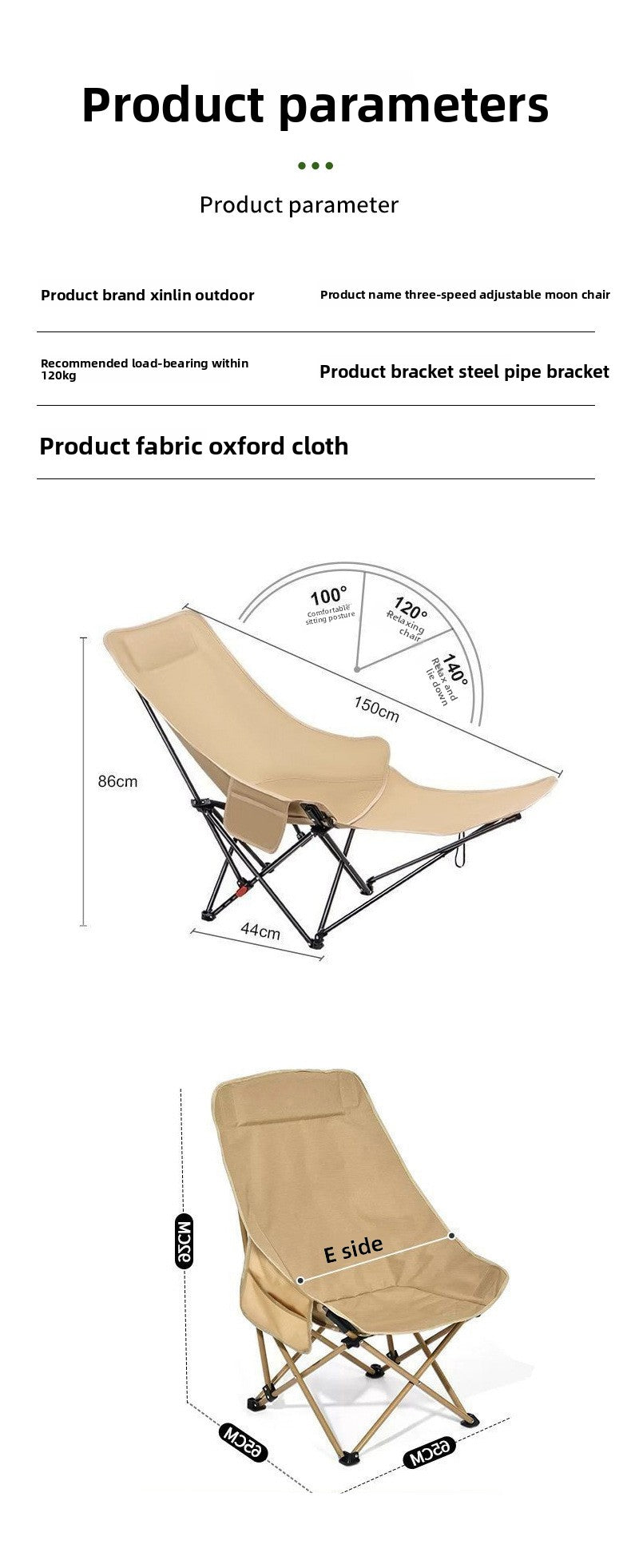 Three-position Adjustable Moon Chair Outdoor Folding Chair Portable Picnic Camping Fishing Chair Office Recliner