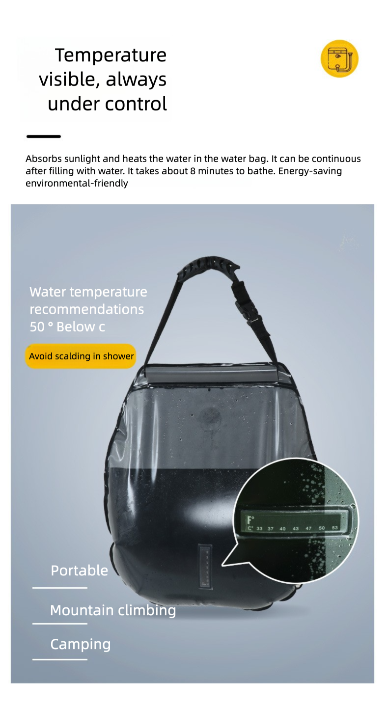 Solar Portable Shower Bag, 5 Gal/20L Solar Heating Outdoor Camping Shower Bag with On-Off Switchable Shower Head&Removable Hose Suitable for Camping, Hiking, Travel, Beach Swimming