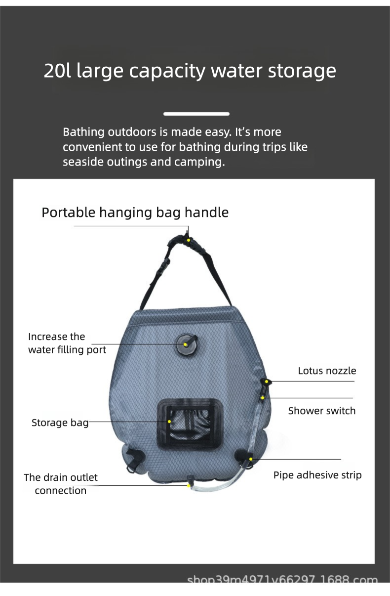 Solar Portable Shower Bag, 5 Gal/20L Solar Heating Outdoor Camping Shower Bag with On-Off Switchable Shower Head&Removable Hose Suitable for Camping, Hiking, Travel, Beach Swimming